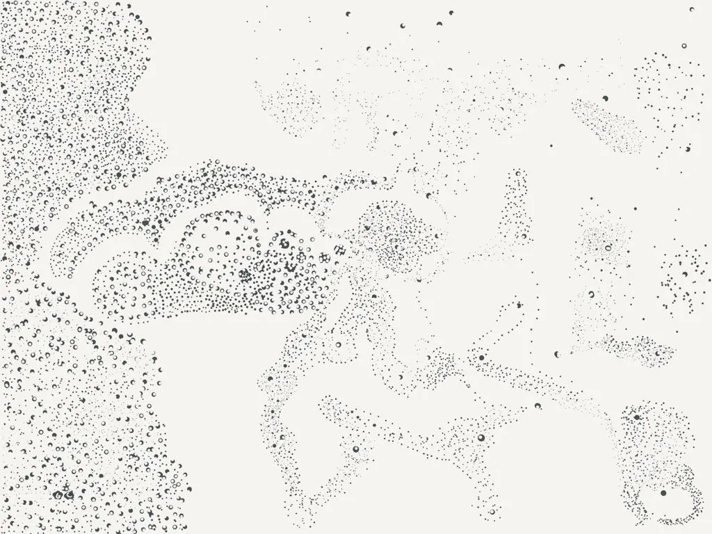 Nuage de points et croissants gris formant une silhouette abstraite.