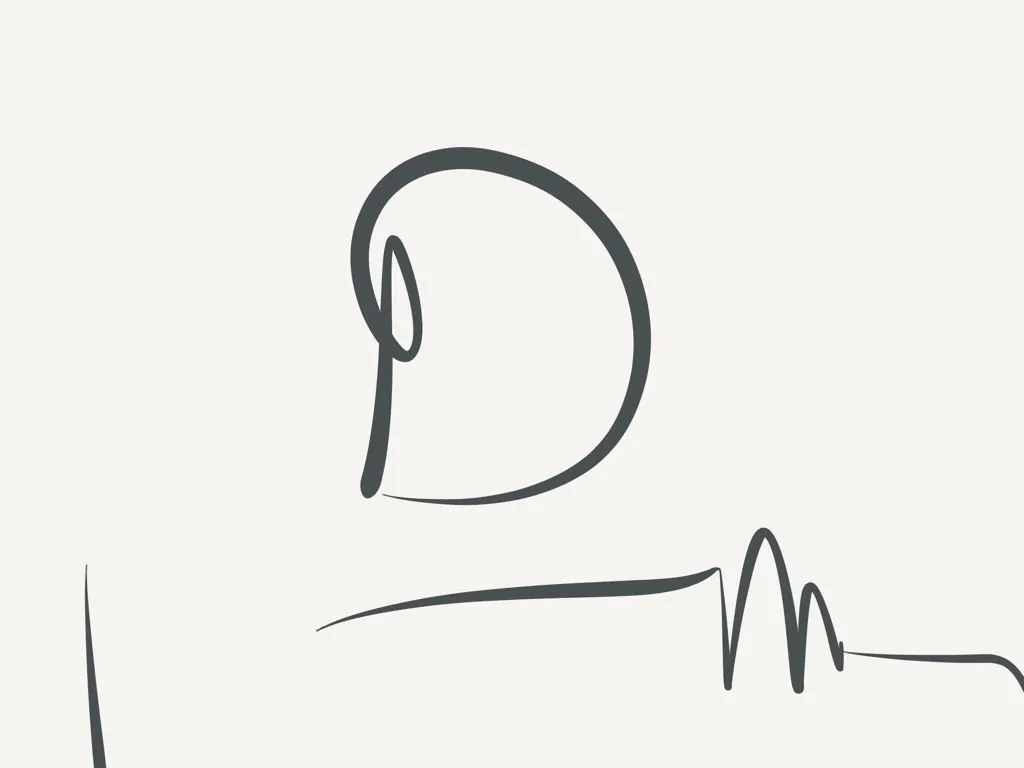 Esquisse minimaliste au trait, une forme en spirale évoquant une lettre D et une ligne ondulée.