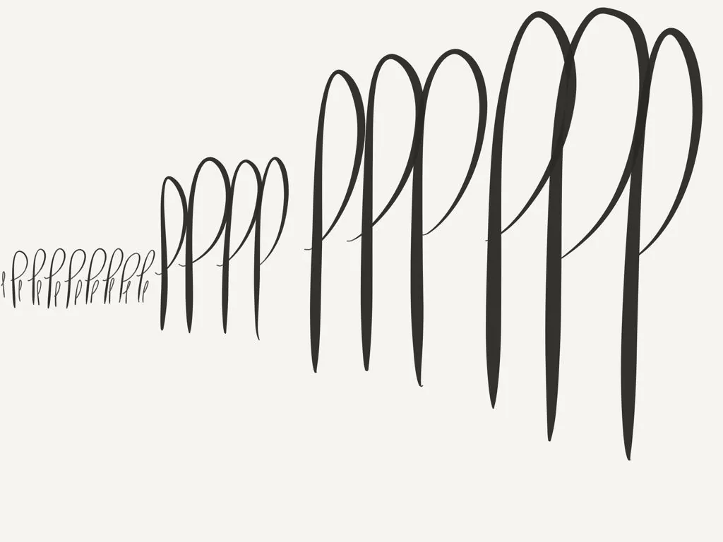 Série de lettres P calligraphiées en dégradé de taille, du plus petit au plus grand.