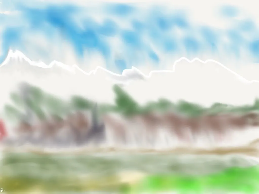Paysage de lac et montagne, aquarelle très diffuse.