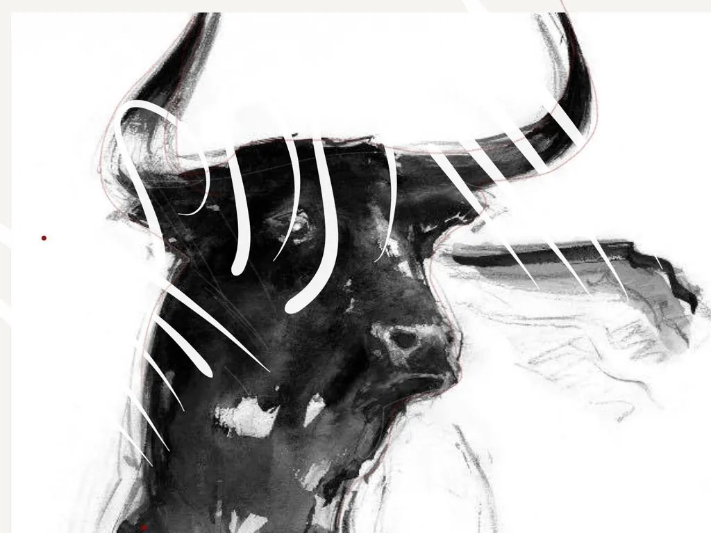 Tête de taureau à l'encre noire, entaillée de traits blancs superposés.