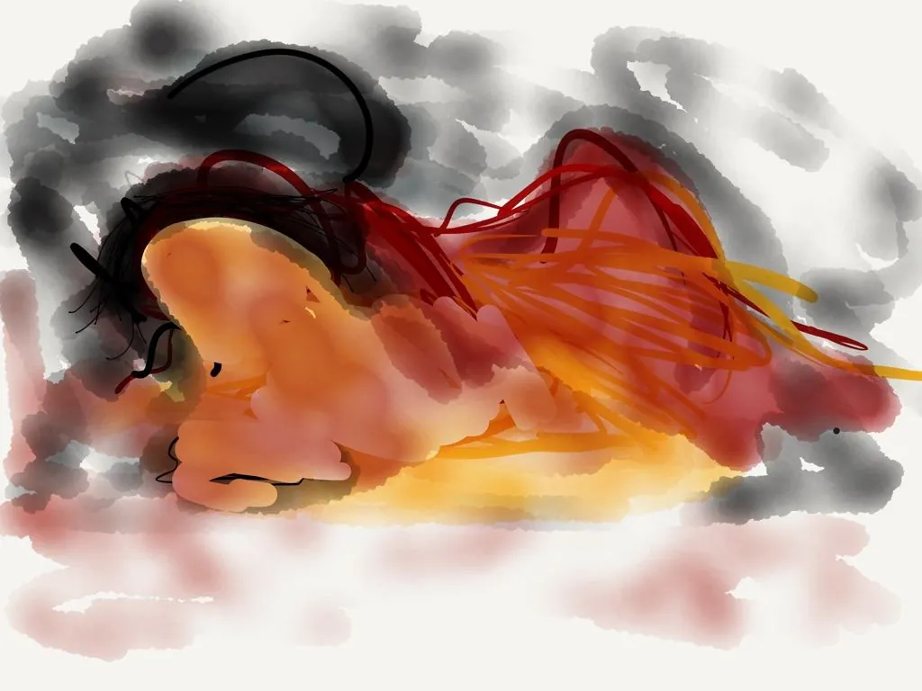 Silhouette allongée en aquarelle diffuse, tons orange, rouge et noir.