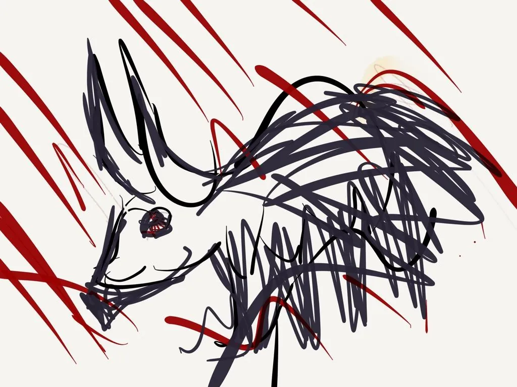 Silhouette animale griffée au trait gris dense, rayures rouges obliques.