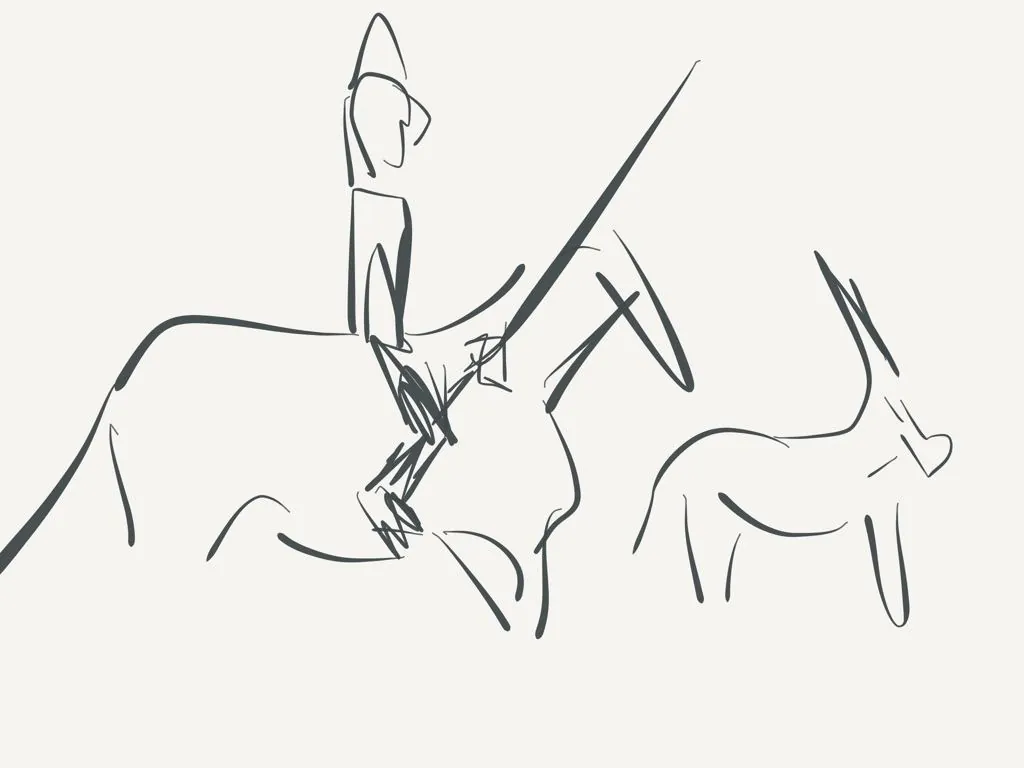 Cavalier stylisé sur une monture, façon peinture rupestre, second animal à droite.