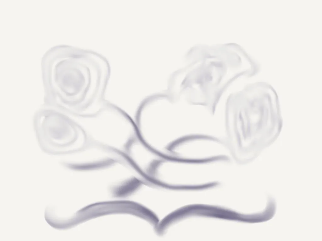 Bouquet de roses en aquarelle très diffuse, tons lavande pâle.