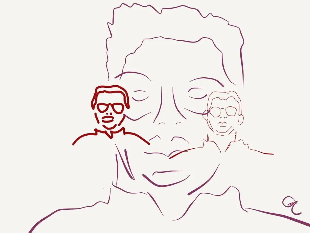 Visage au trait superposé à deux profils plus petits, façon calque.
