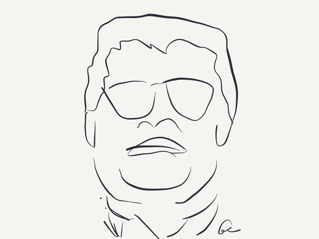 Portrait à lunettes teintées, trait bleu marine seul.
