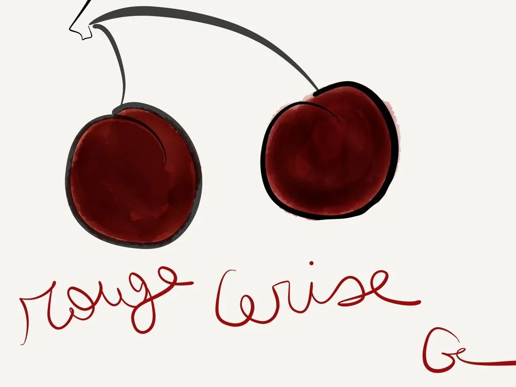 Deux cerises rouges peintes en aquarelle, légende manuscrite 'Rouge cerise'.