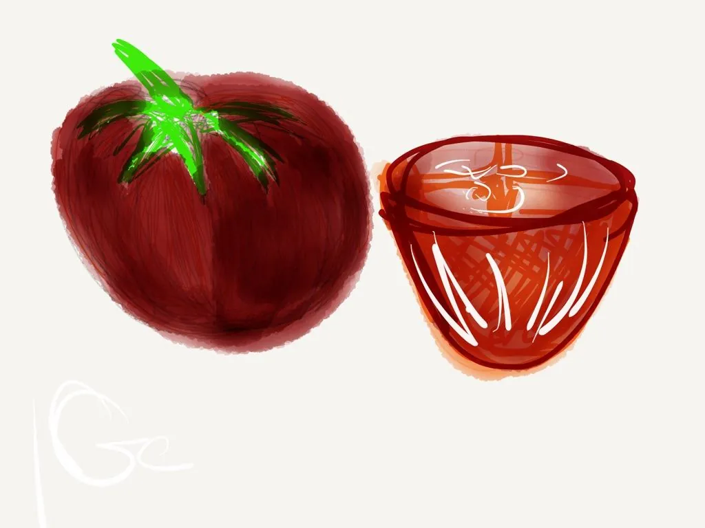Une tomate entière et une tomate coupée en deux, aquarelle rouge et vert.