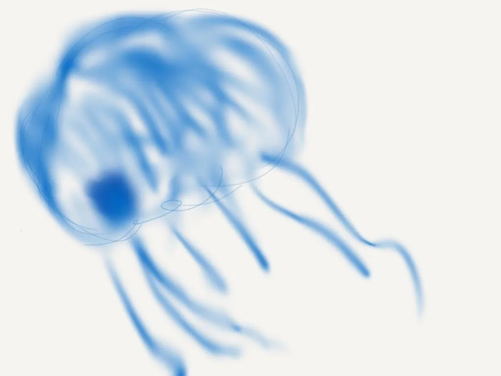 Méduse bleue diffuse en aquarelle, tentacules flottants.