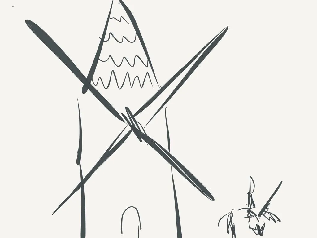 Deux longs traits croisés en X devant une silhouette de montagne en zigzag.