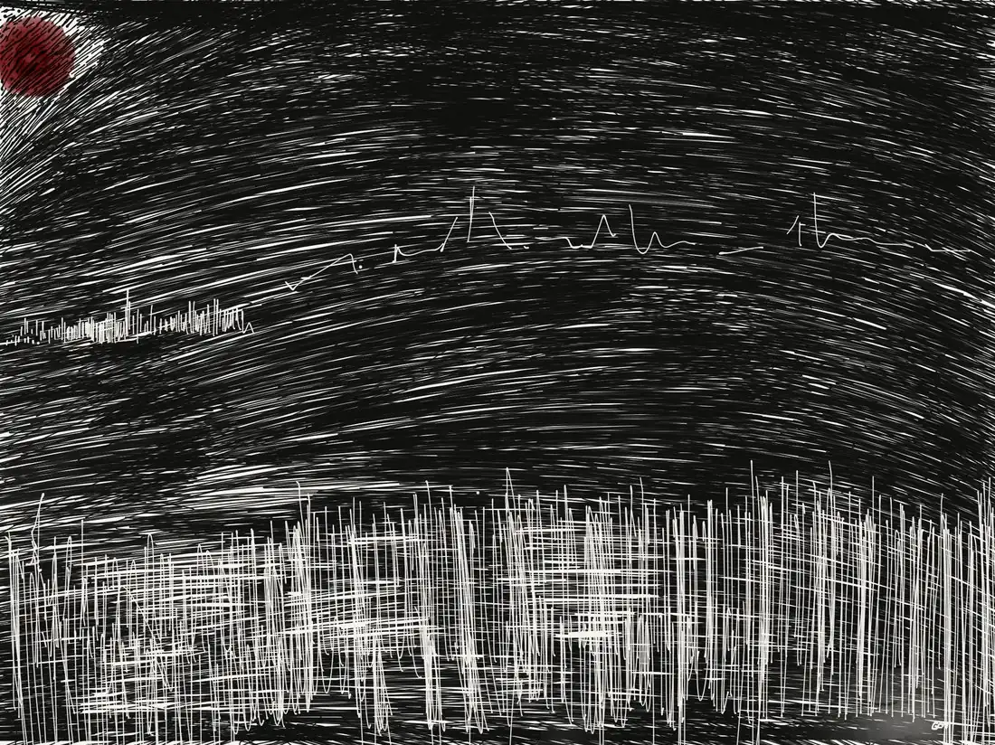 Encre noire, point rouge en haut à gauche, ligne blanche façon skyline et hachures verticales denses en bas.